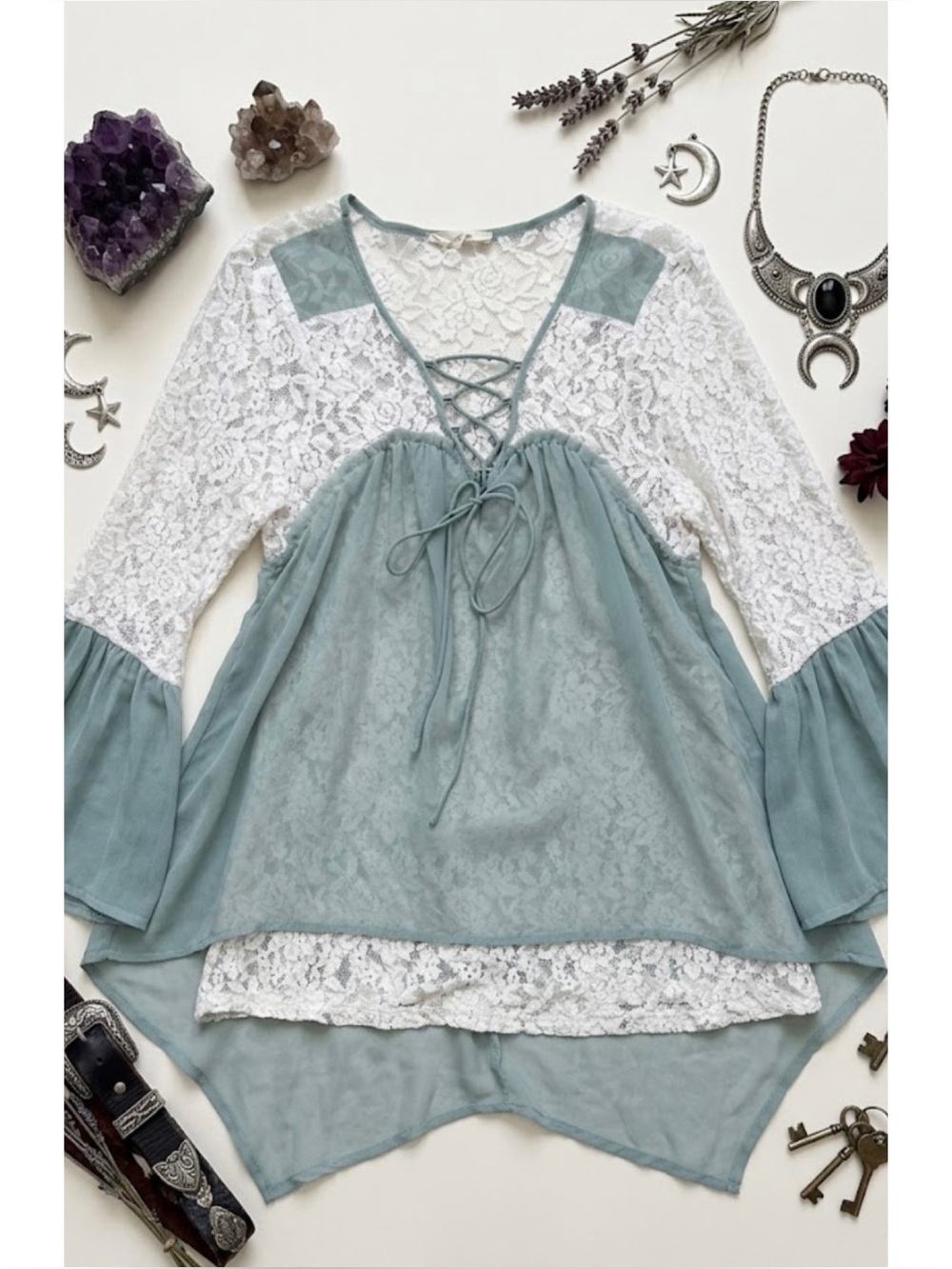 Ryu Anthropologie Layered Chiffon & Lace Fairy Bell Sleeve Top